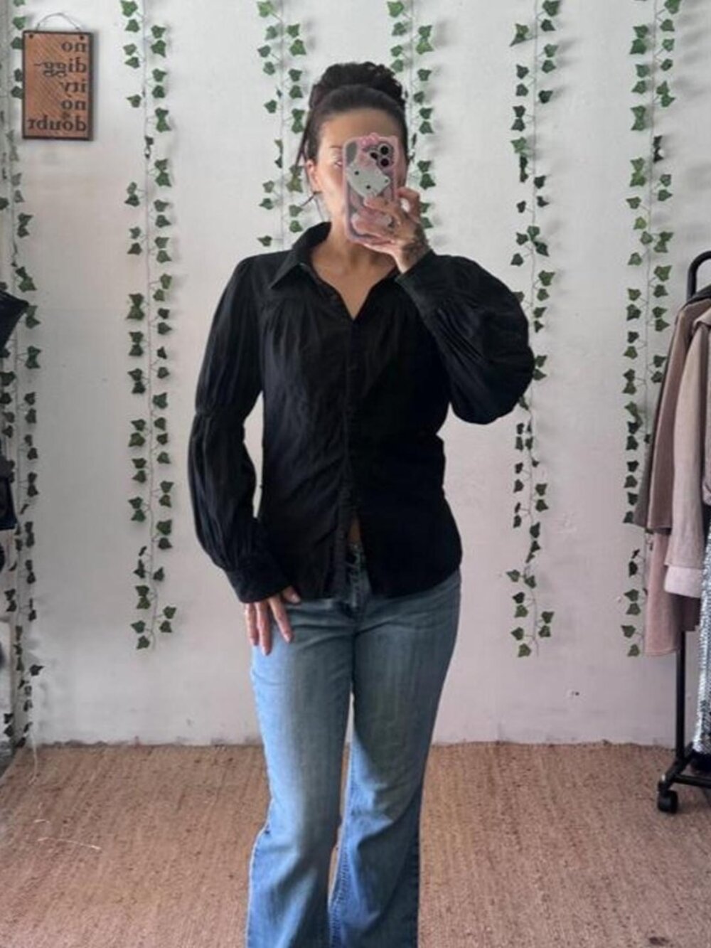Cleobella women's Blakely black button up blouse with puffy sleeves size S